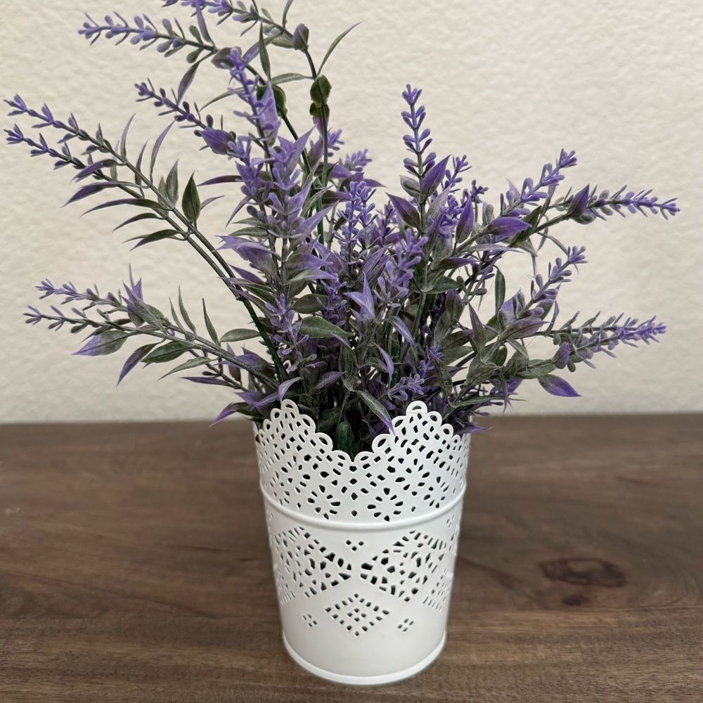 Lavender Floral Decor in Metal Lace Vase Planter